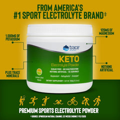 Trace Minerals Keto Electrolyte powder label highlights gluten-free vegan formula.
