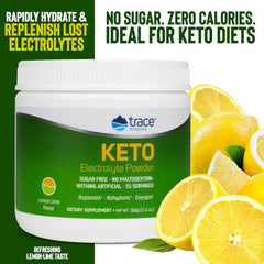 Trace Minerals Keto Electrolyte powder packaging sits on a counter during active-day prep.