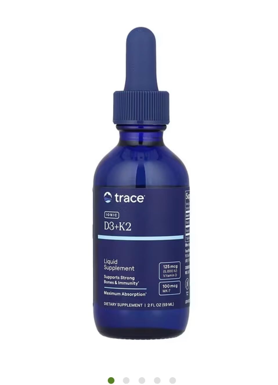Trace Minerals liquid ionic D3 and K2 bottle pour highlighting easy dosing for bone and immune support.