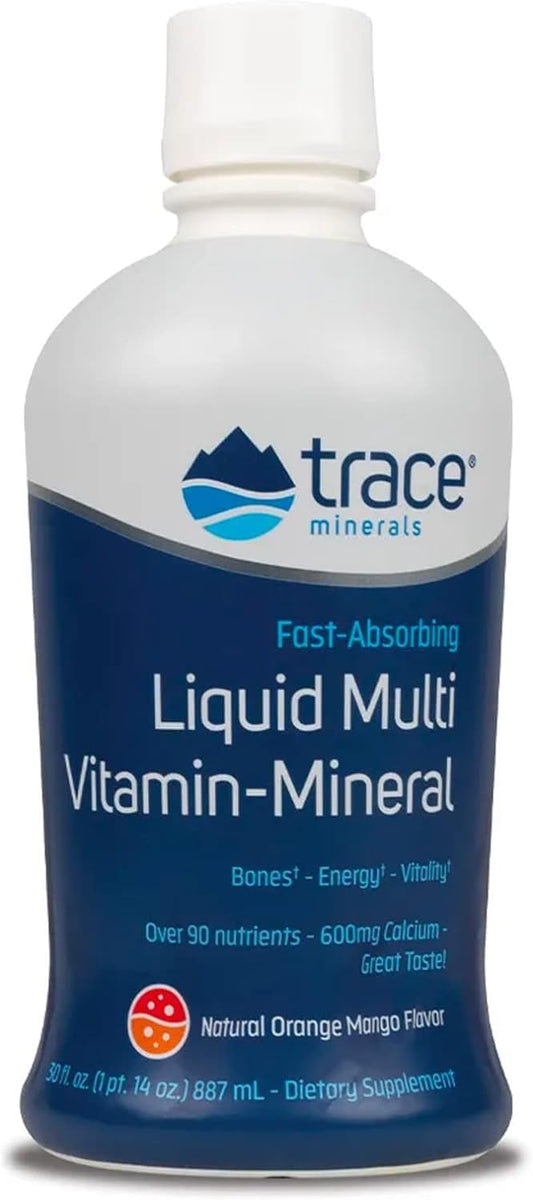 Trace Minerals Liquid Multi Vitamin-Mineral bottle with orange mango flavor for daily energy support.