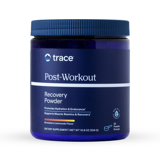 Trace Minerals Post-Workout bottle displays vibrant Strawberry Lemonade flavor and gym-ready packaging for hydration after training