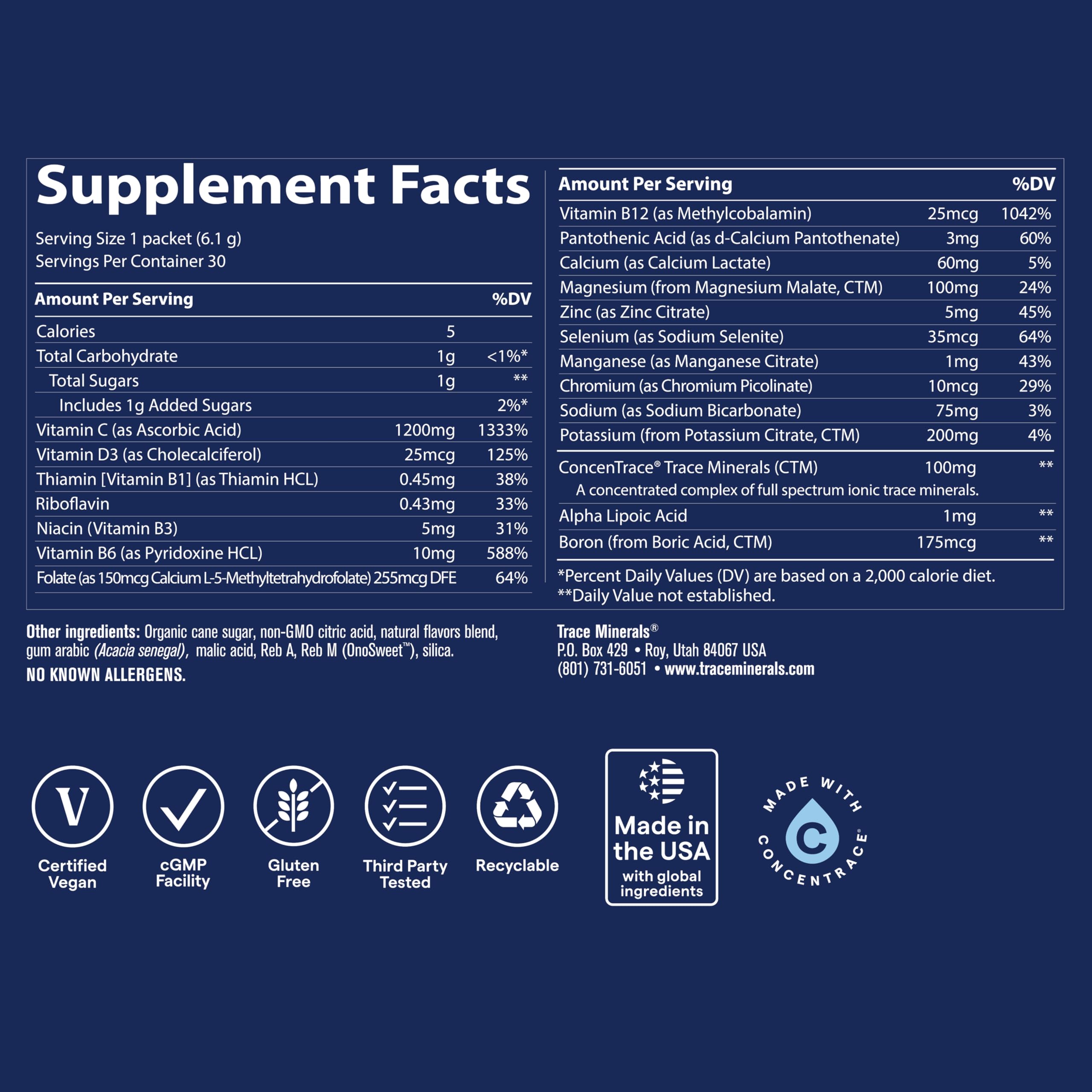 Trace Minerals Power Pak label closeup highlighting 70+ minerals and vitamin C