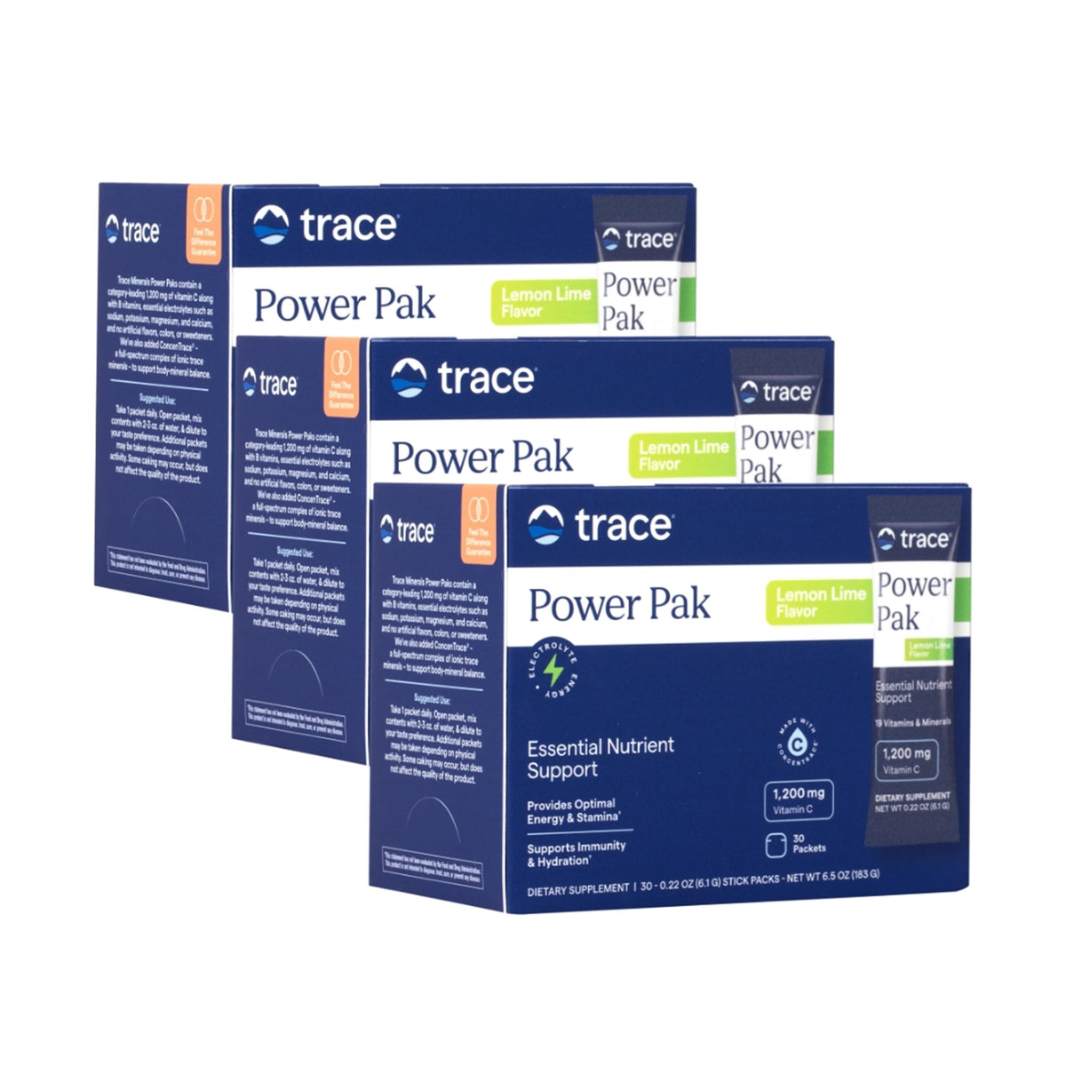 Trace Minerals Power Pak lemon lime packets shown for daily vitamin and mineral support on the go