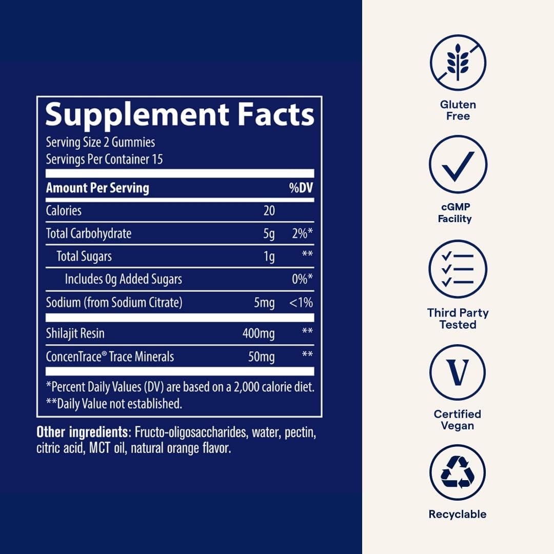 Trace Minerals Shilajit Gummies ingredients panel with ConcenTrace minerals.