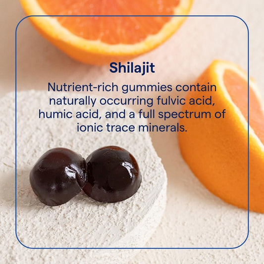 Trace Minerals Shilajit Gummies orange label closeup highlighting fulvic minerals for vitality.