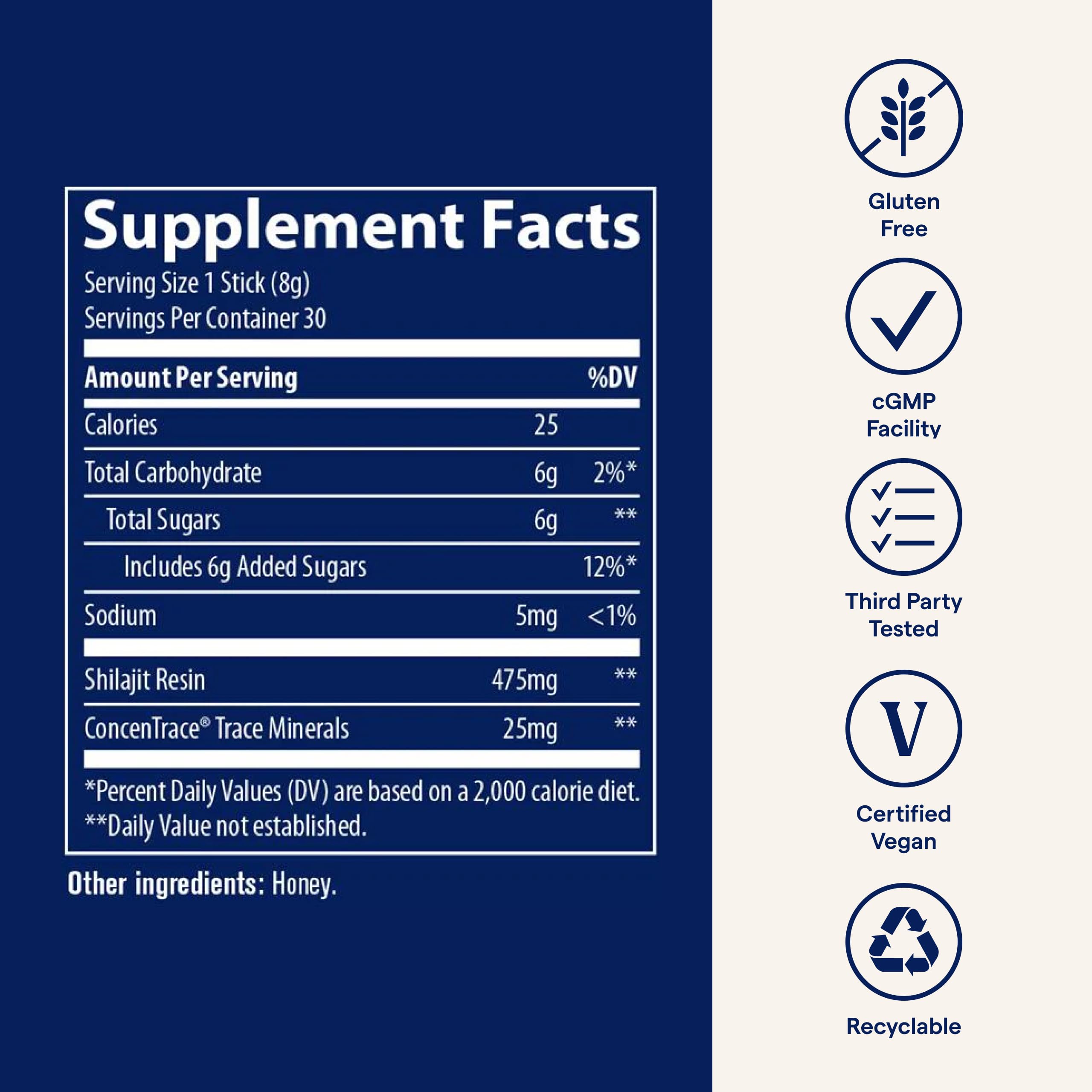 Trace Minerals Shilajit Honey Stick label emphasizes fulvic and humic minerals.
