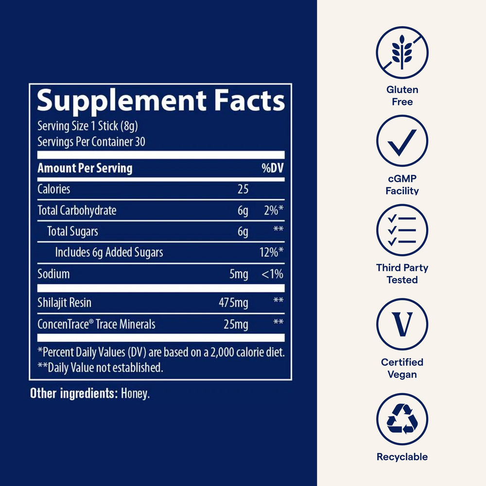 Trace Minerals Shilajit Honey Stick label emphasizes fulvic and humic minerals.