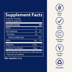 Trace Minerals Shilajit Honey Stick label emphasizes fulvic and humic minerals.