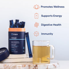 Trace Minerals Shilajit Honey Stick packaging illustrates USA-sourced remineralization.