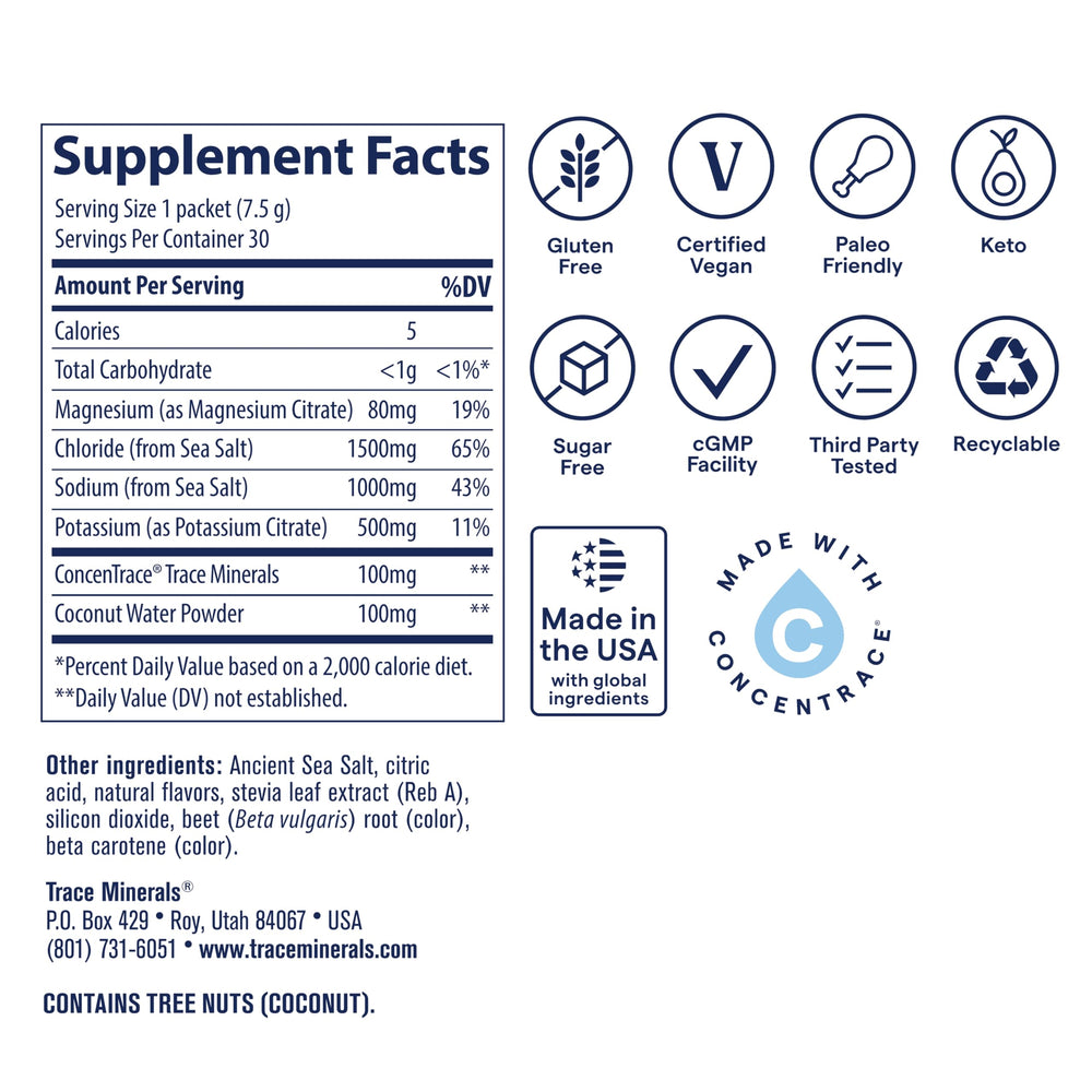 Trace Minerals ZeroLyte canister for easy at-home hydration with full mineral spectrum.