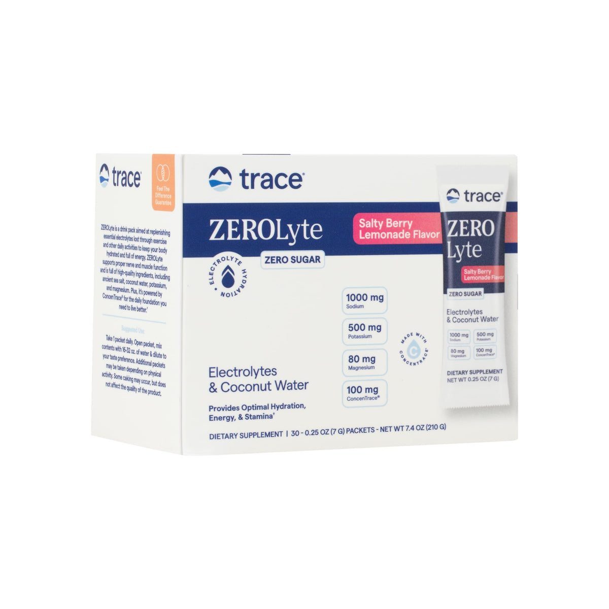 Trace Minerals ZeroLyte salty berry lemonade packet for on-the-go hydration.