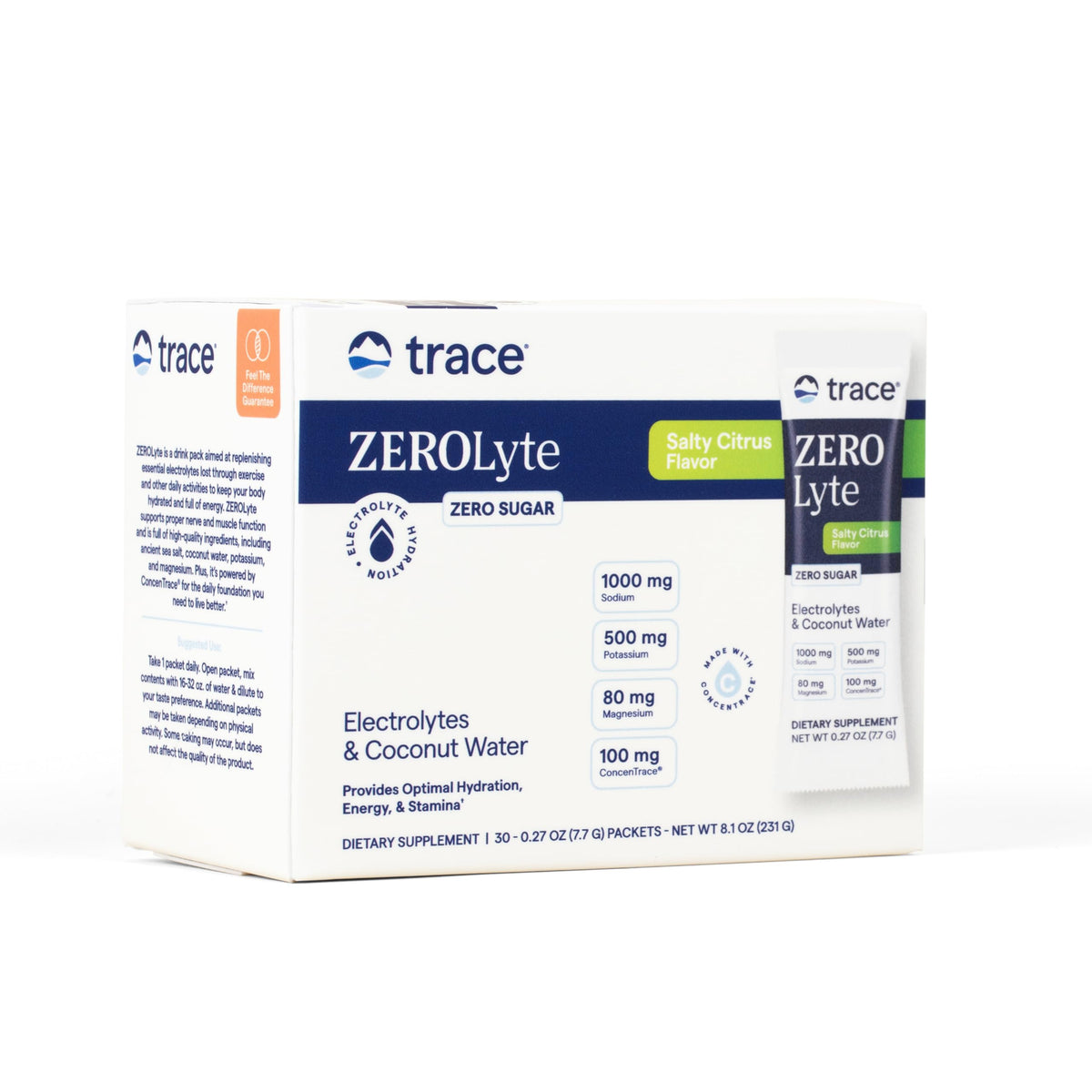 Trace Minerals ZeroLyte salty citrus packet for sugar-free hydration on the go.