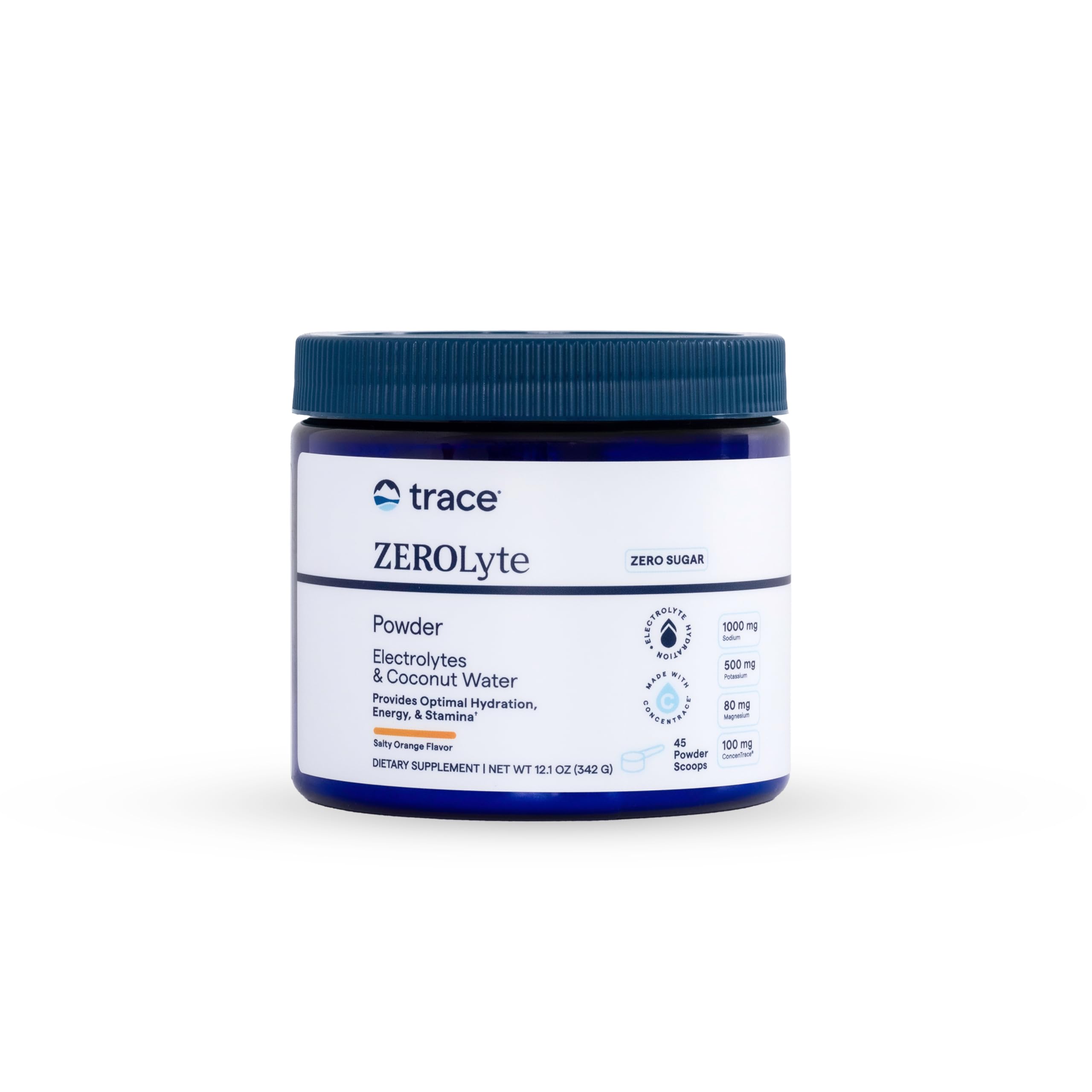 Trace Minerals Zerolyte salty orange bottle highlighting hydration and mineral blend for active days.