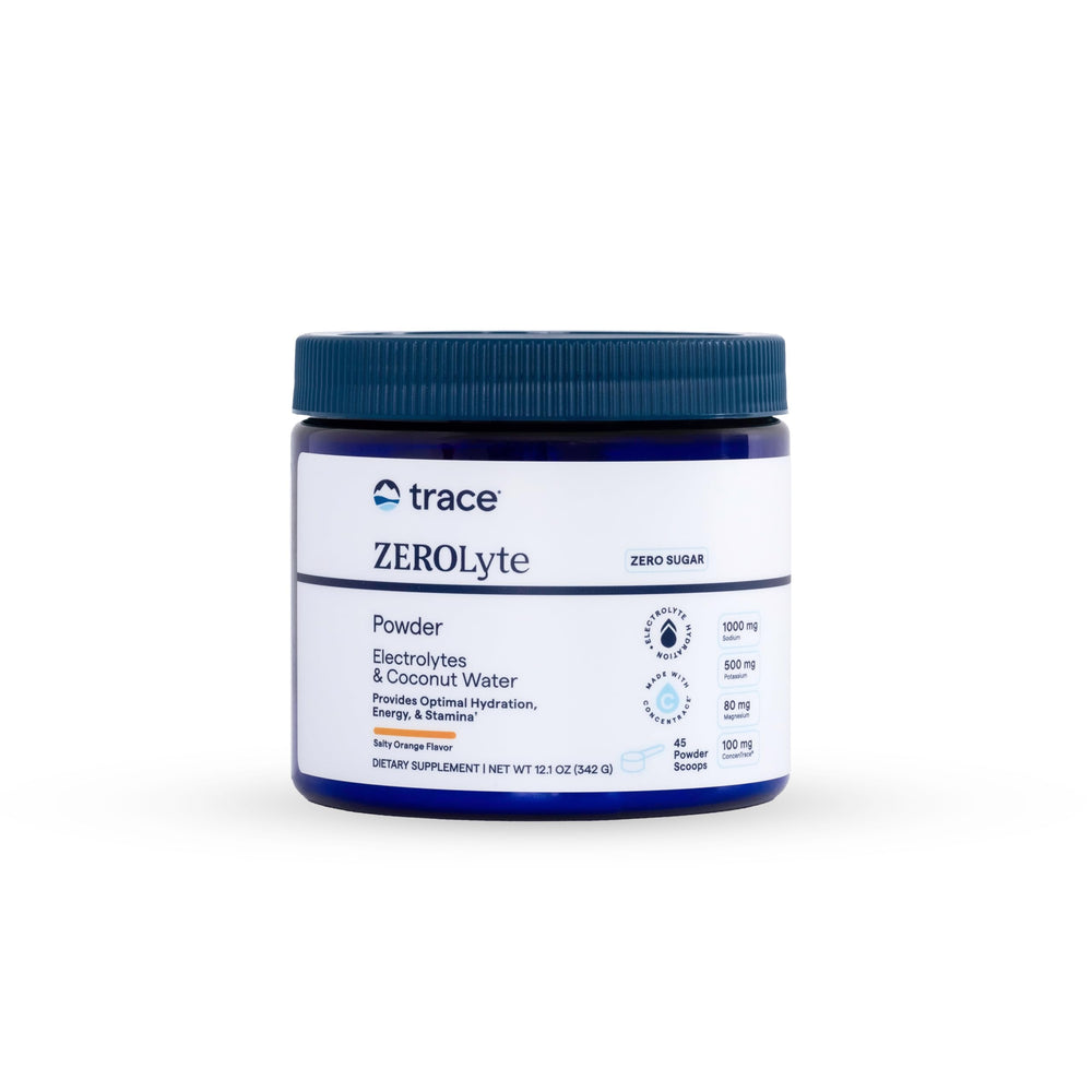 Trace Minerals Zerolyte salty orange bottle highlighting hydration and mineral blend for active days.