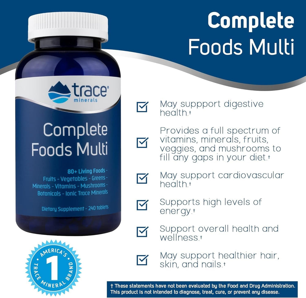 Trace Minerals Complete Foods Multi bottle and scooper for easy daily nutrition