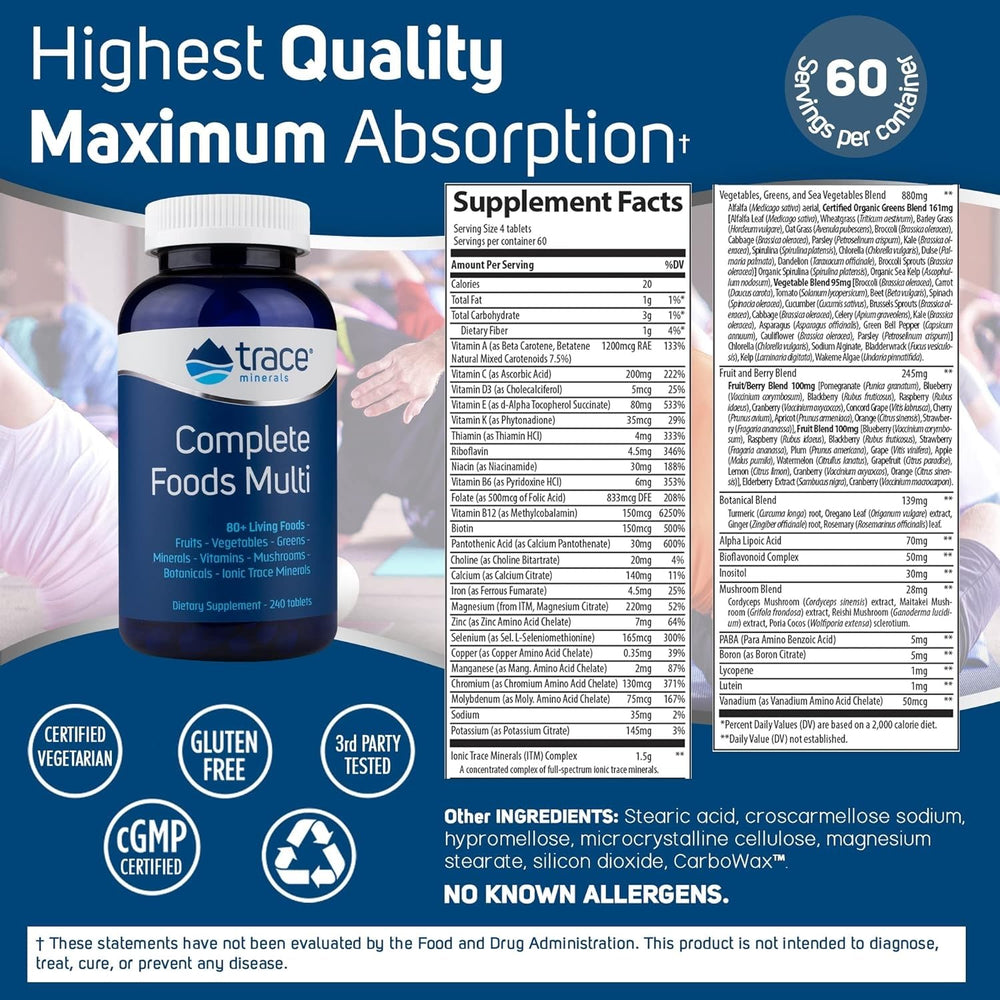 Trace Minerals Complete Foods Multi tablets close-up highlighting whole foods base