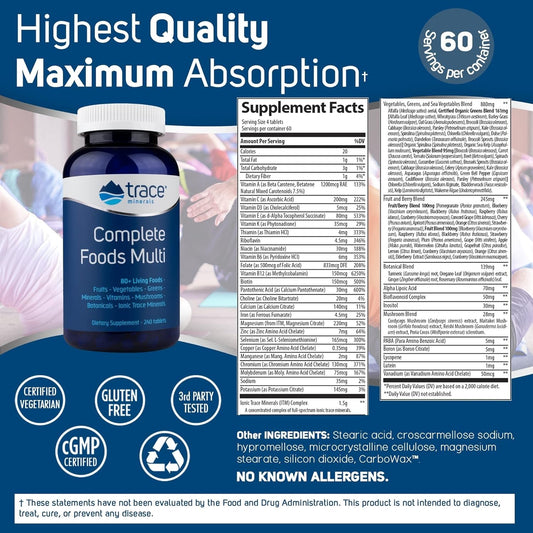 Trace Minerals Complete Foods Multi tablets close-up highlighting whole foods base