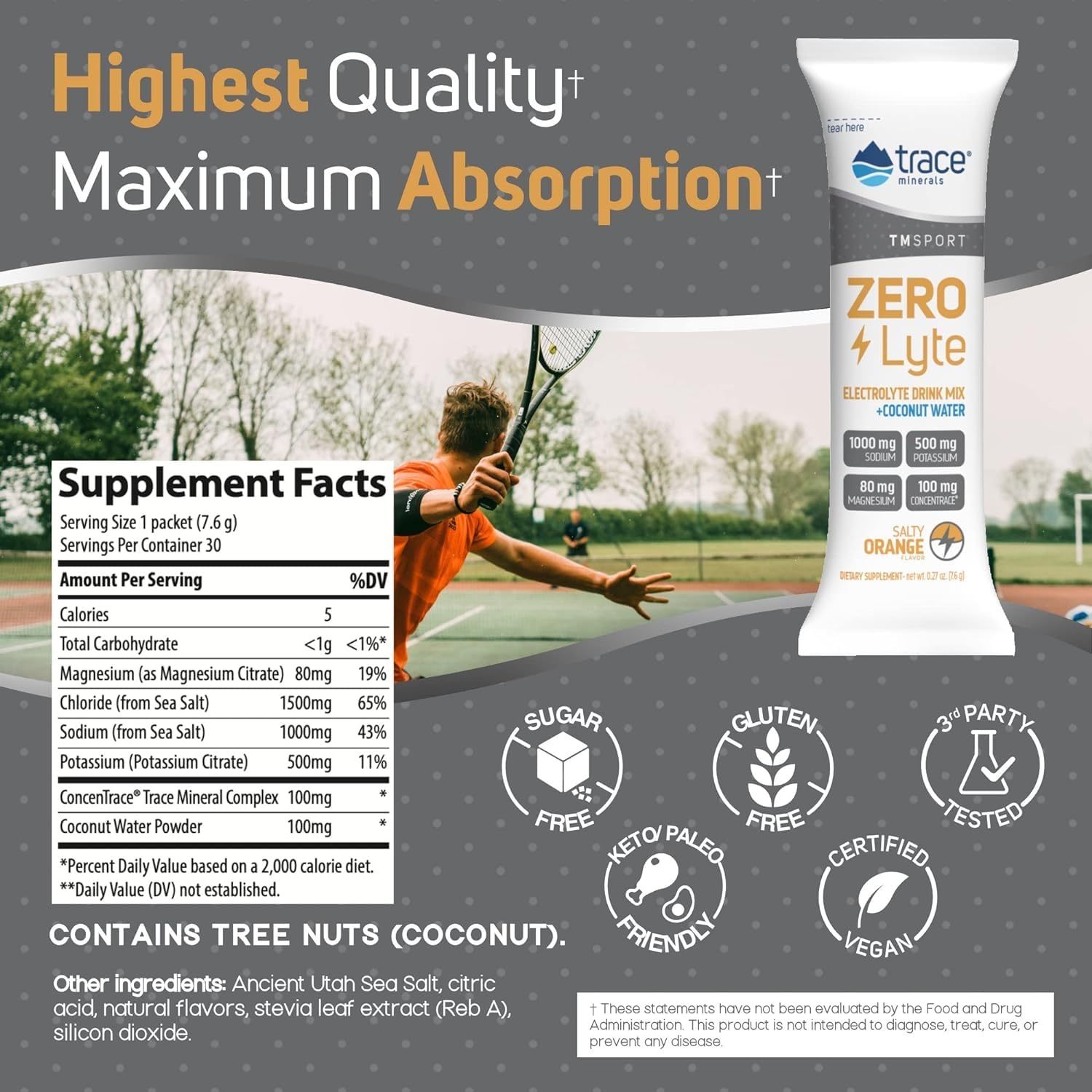 Trace Minerals Zerolyte powder in water bottle for quick, refreshing hydration.