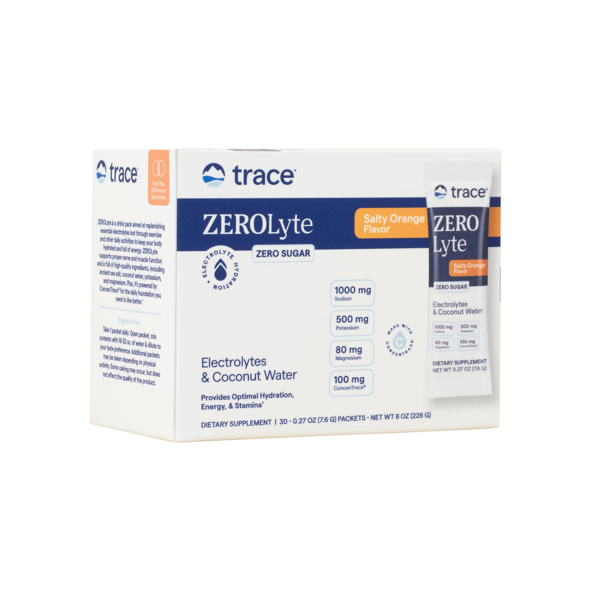 Trace Minerals Zerolyte salty orange packet for convenient on-the-go hydration.
