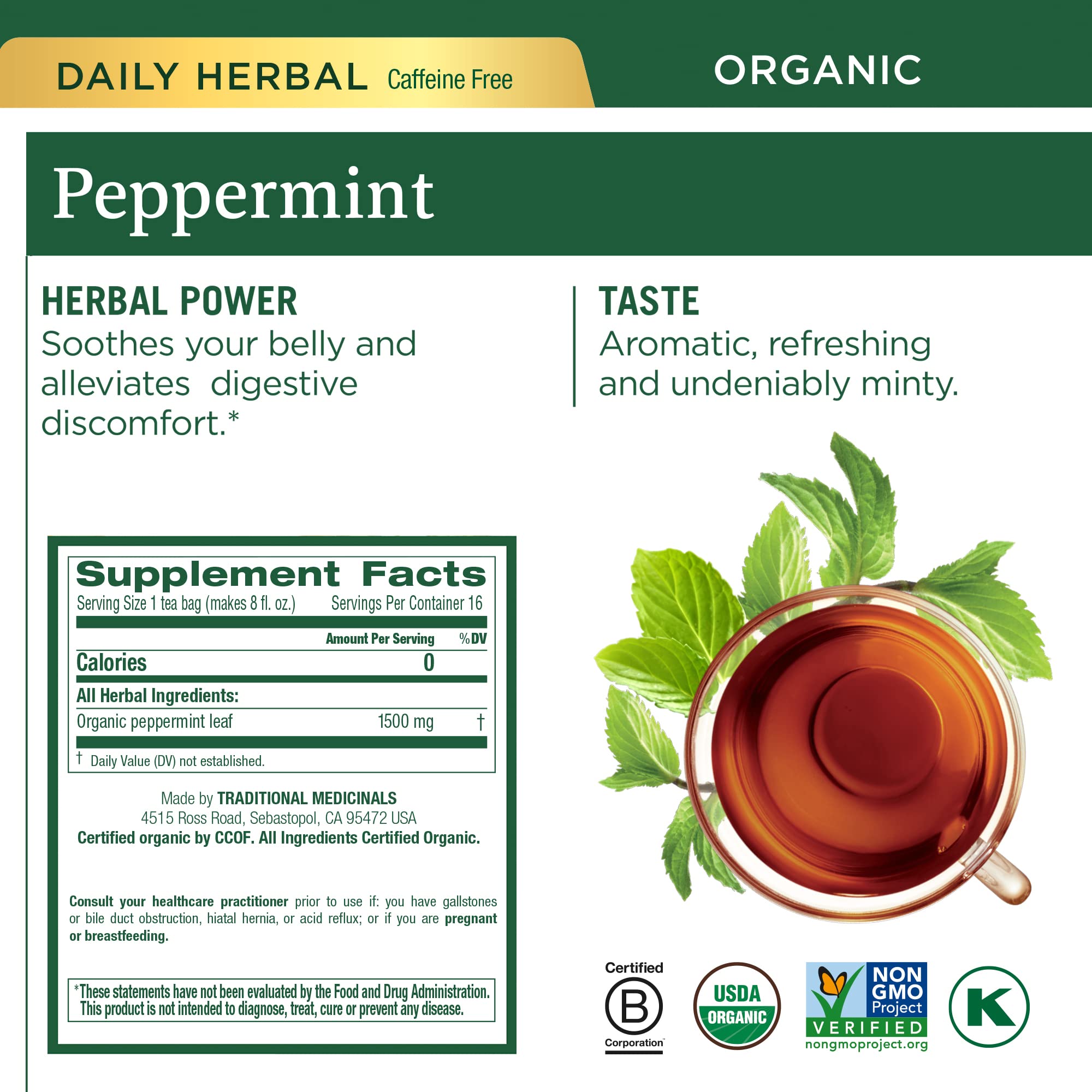 Traditional Medicinals roasted dandelion root tea cup, pleasantly roasted with bitter notes.