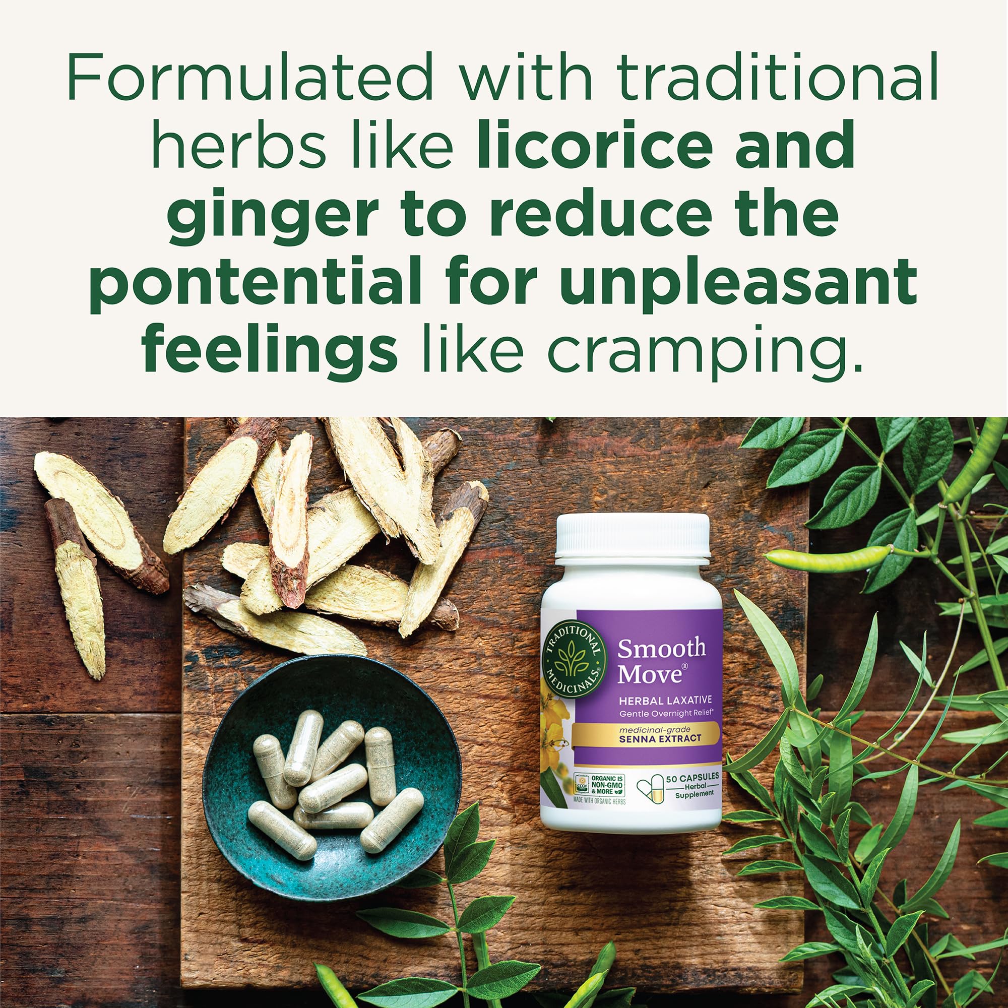 Traditional Medicinals Smooth Move capsules being poured, suggesting easy daily use.