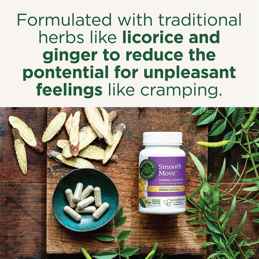 Traditional Medicinals Smooth Move capsules being poured, suggesting easy daily use.
