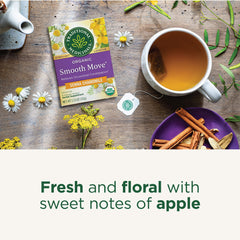 Traditional Medicinals Smooth Move badge shows USDA Organic, Non-GMO, and Kosher trust.