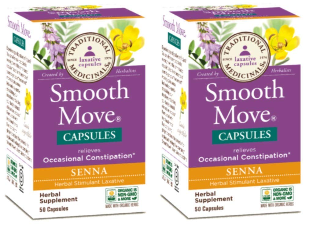 Traditional Medicinals Smooth Move senna capsules bottle showcasing organic, caffeine-free formula.