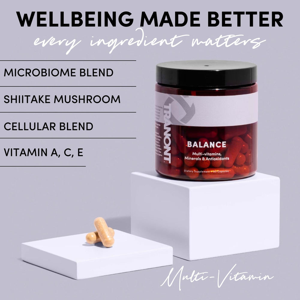 Tranont Balance bottle being poured, suggesting easy daily intake.