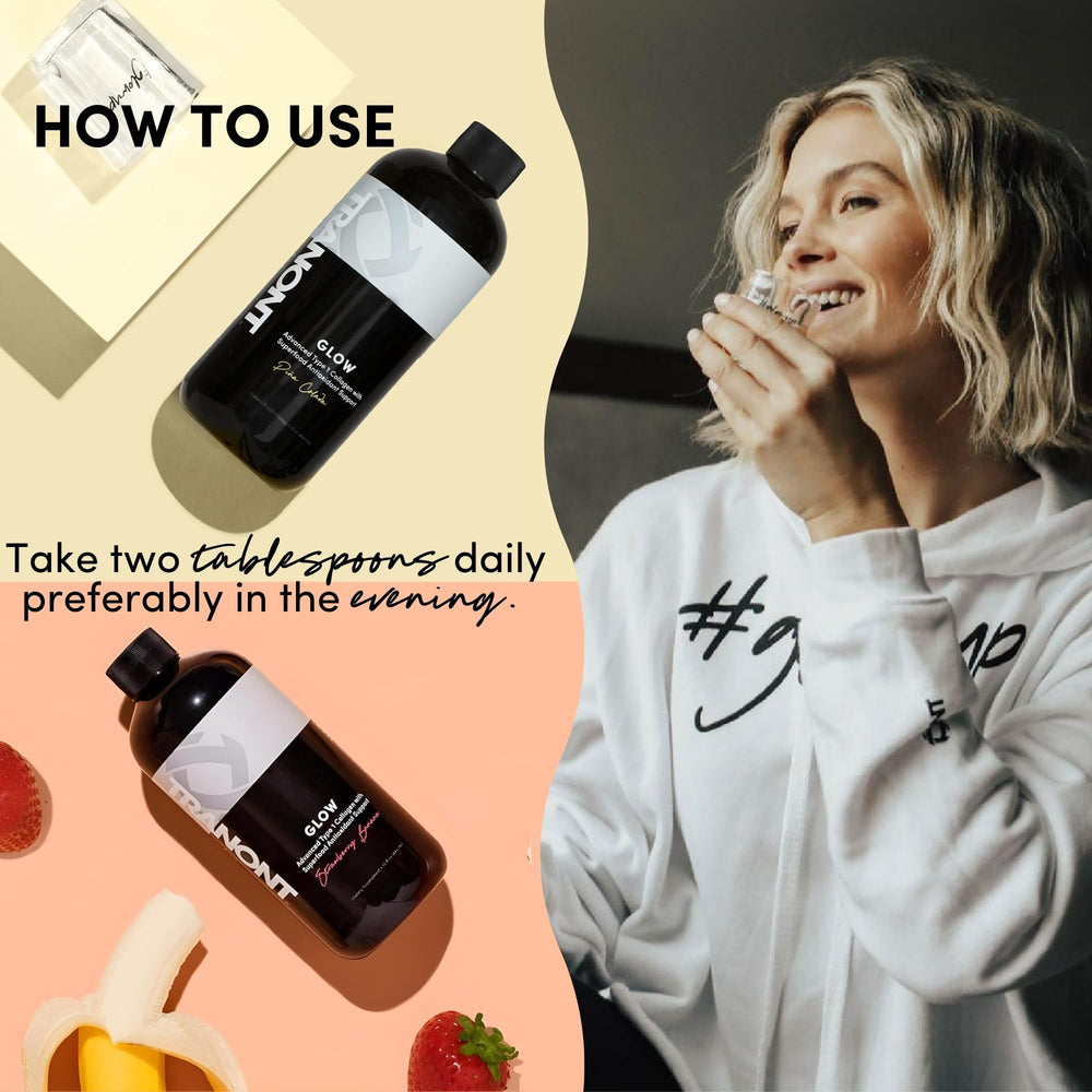 Tranont Glow 2-PK liquid in glass highlighting flavor and daily routine