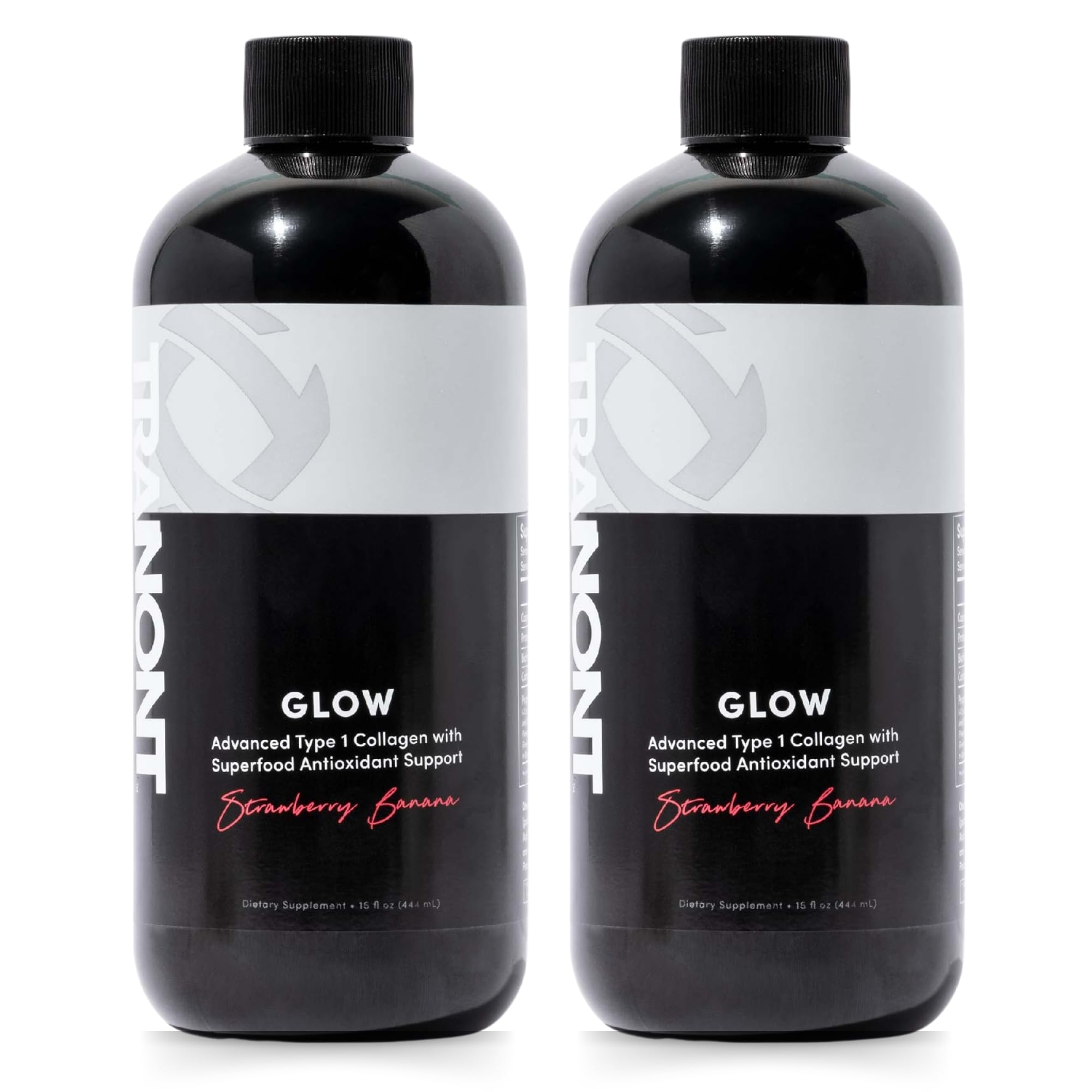 Tranont Glow strawberry banana bottle front showing antioxidant-rich formula