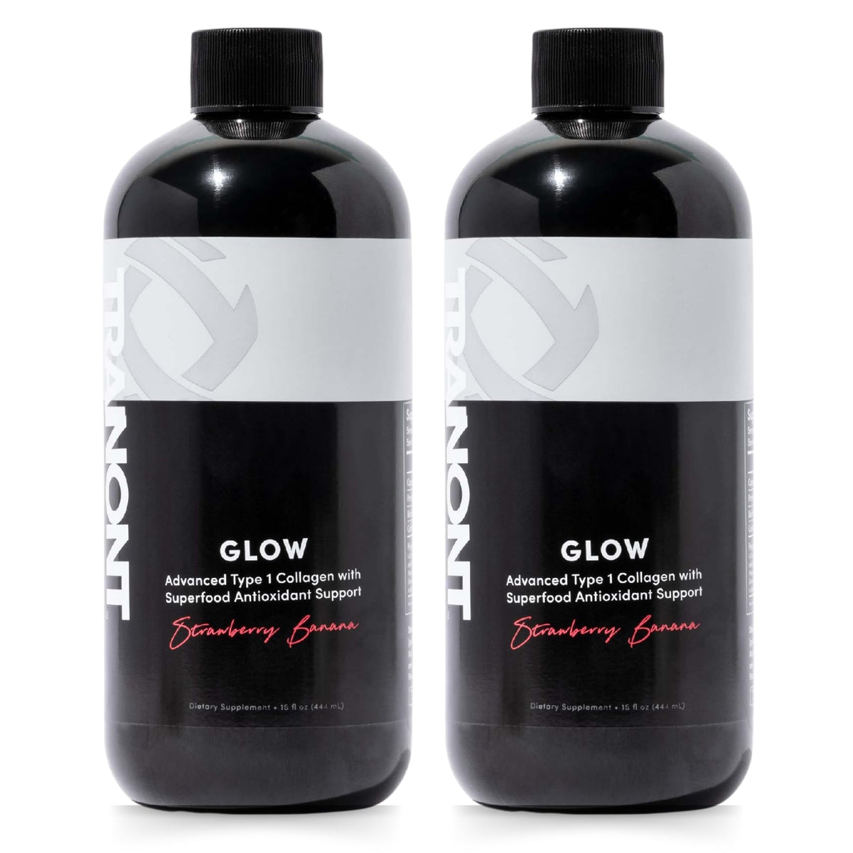 Tranont Glow strawberry banana bottle front showing antioxidant-rich formula