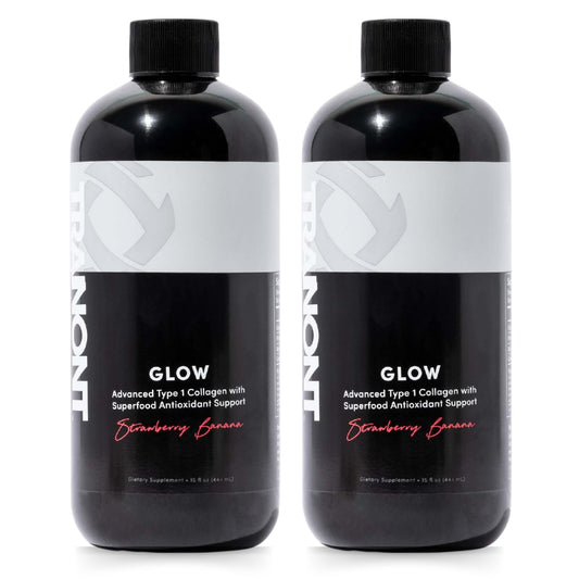 Tranont Glow strawberry banana bottle front showing antioxidant-rich formula