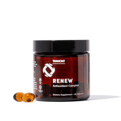 Tranont Renew bottle and capsules close-up highlighting antioxidant capsules for vitality.