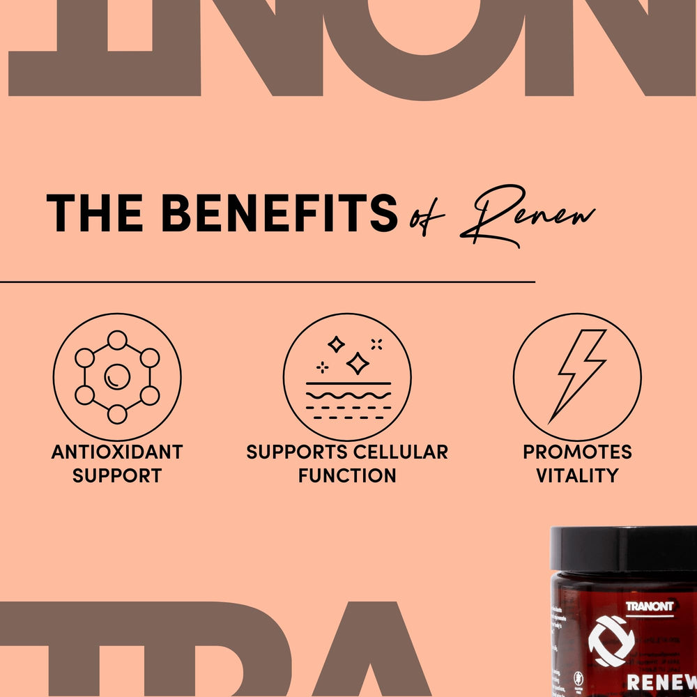 Tranont Renew capsules close-up showcasing the antioxidant complex.