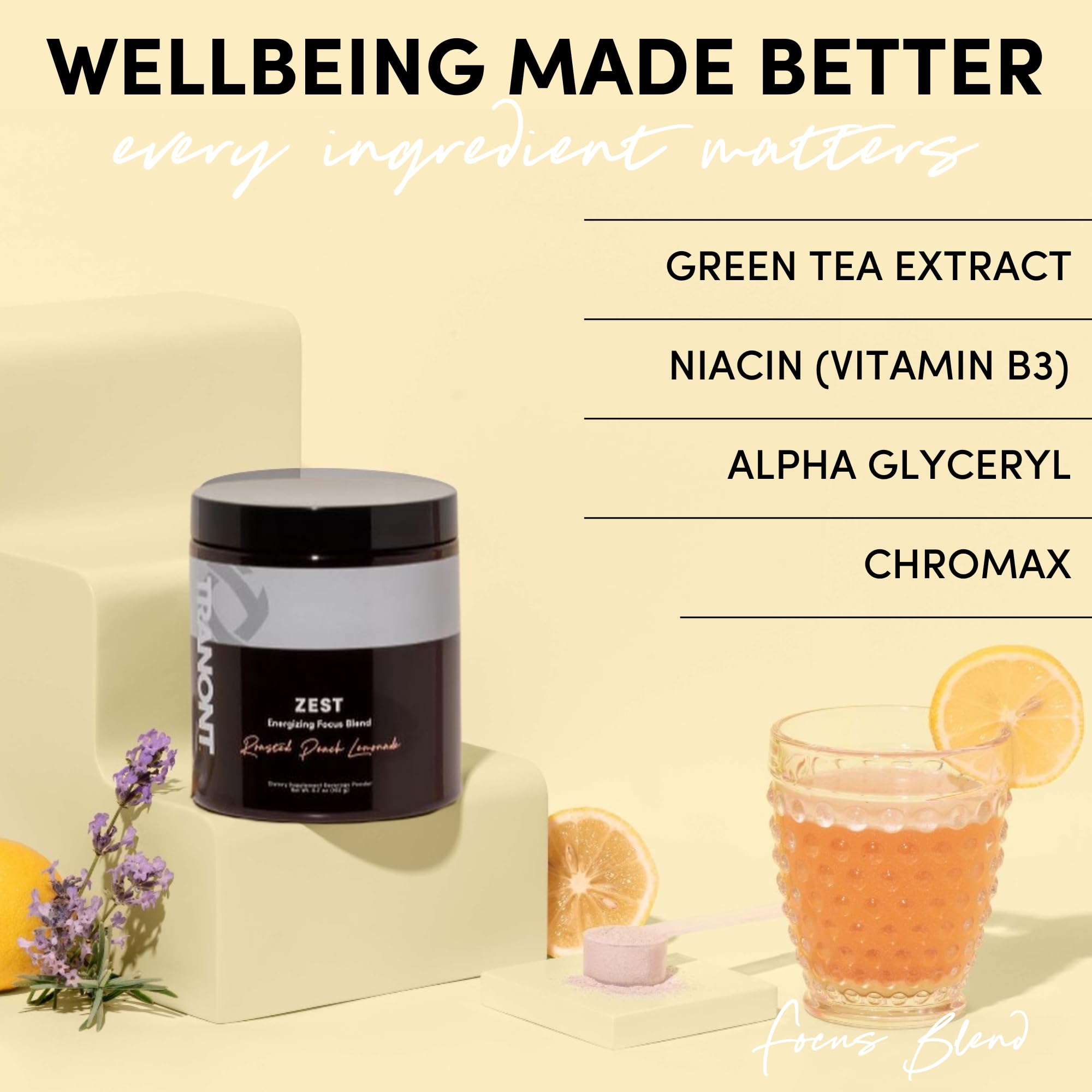 Tranont Zest green tea L-Theanine ingredients close-up suggesting focused mood support