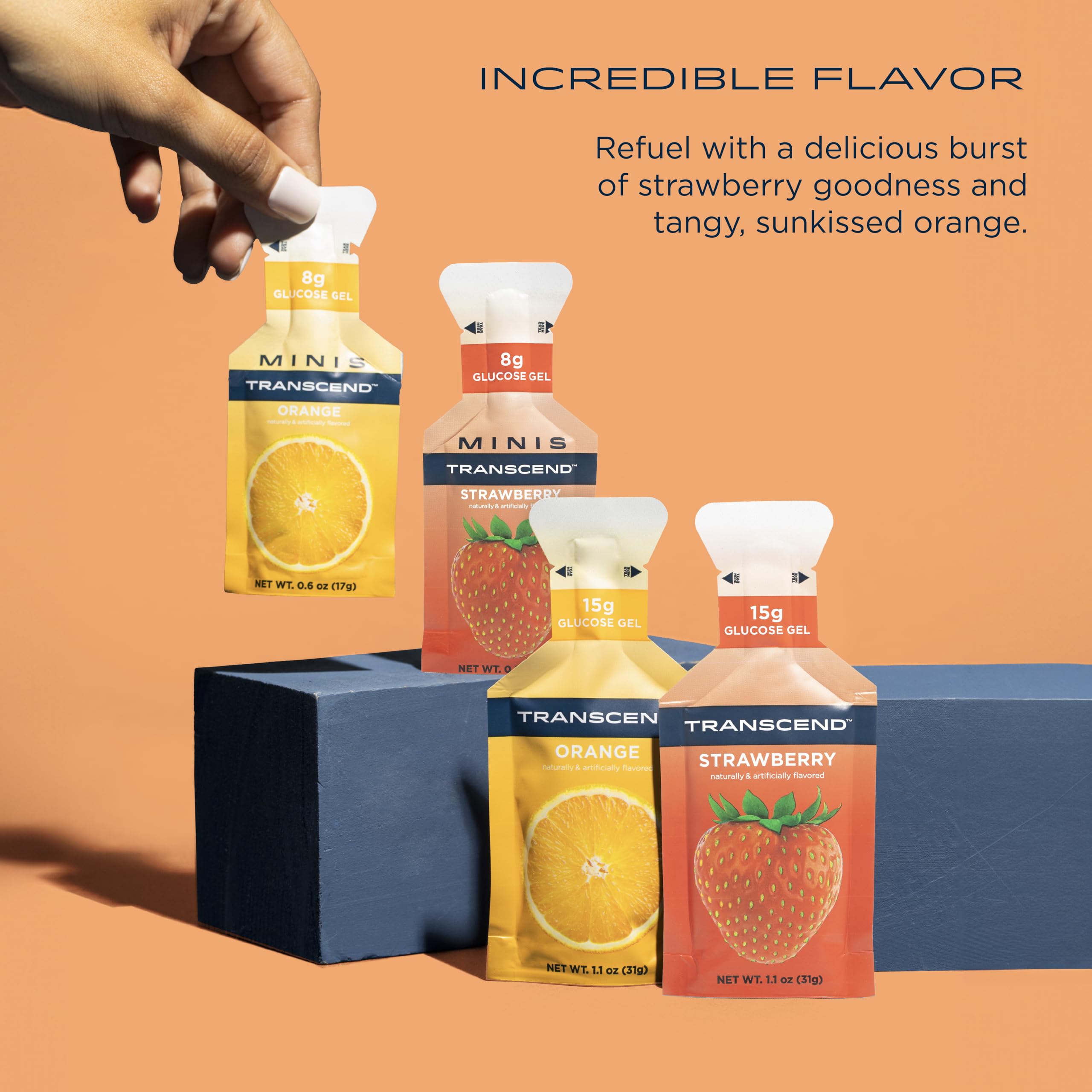 Transcend 100-count energy gel packs shown for on-the-go fueling