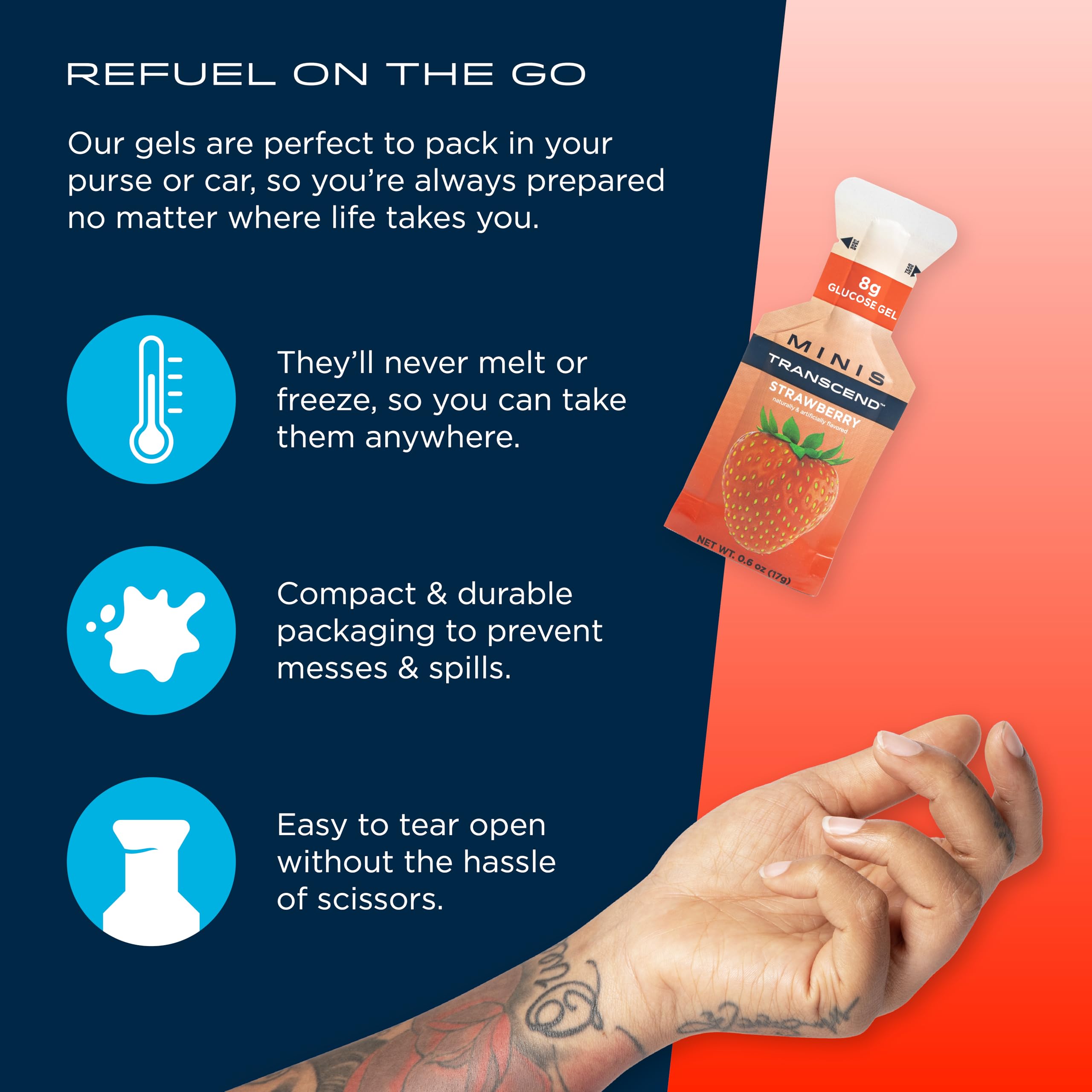 Transcend Foods mini strawberry gel squeeze action delivering fast carbs mid-workout.