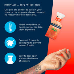 Transcend Foods mini strawberry gel squeeze action delivering fast carbs mid-workout.