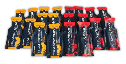 Transcend strawberry-pack glucose gel offers fast fueling mid-activity.