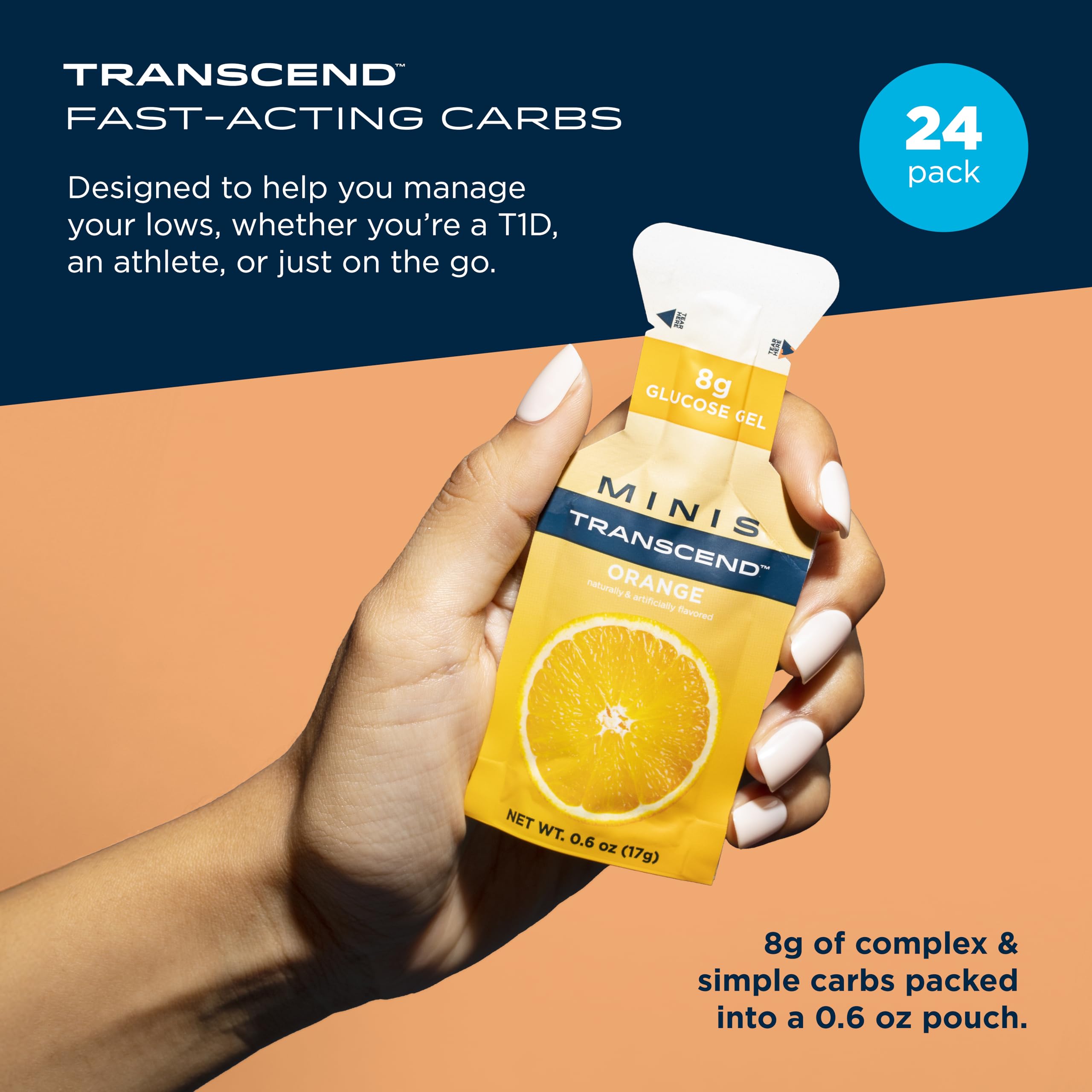 Transcend mini orange gel pack label closeup showing gluten-free and caffeine-free notes.