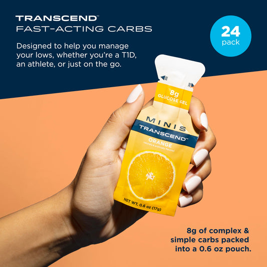 Transcend mini orange gel pack label closeup showing gluten-free and caffeine-free notes.