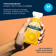 Transcend mini orange gel pack label closeup showing gluten-free and caffeine-free notes.