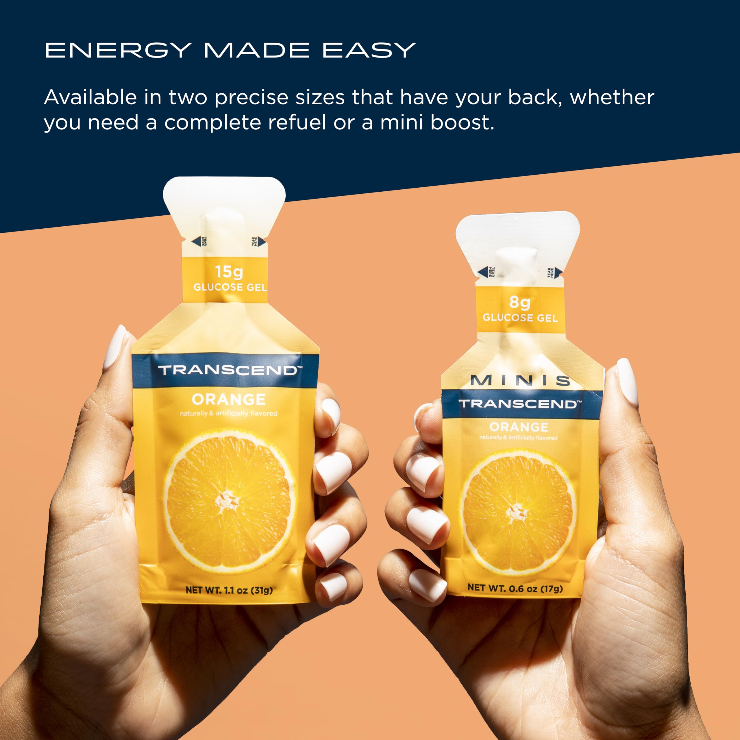 Transcend orange gel label highlights caffeine-free, fast carb source for endurance.