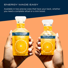 Transcend Orange Gel gluten-free label highlights dietary compatibility.