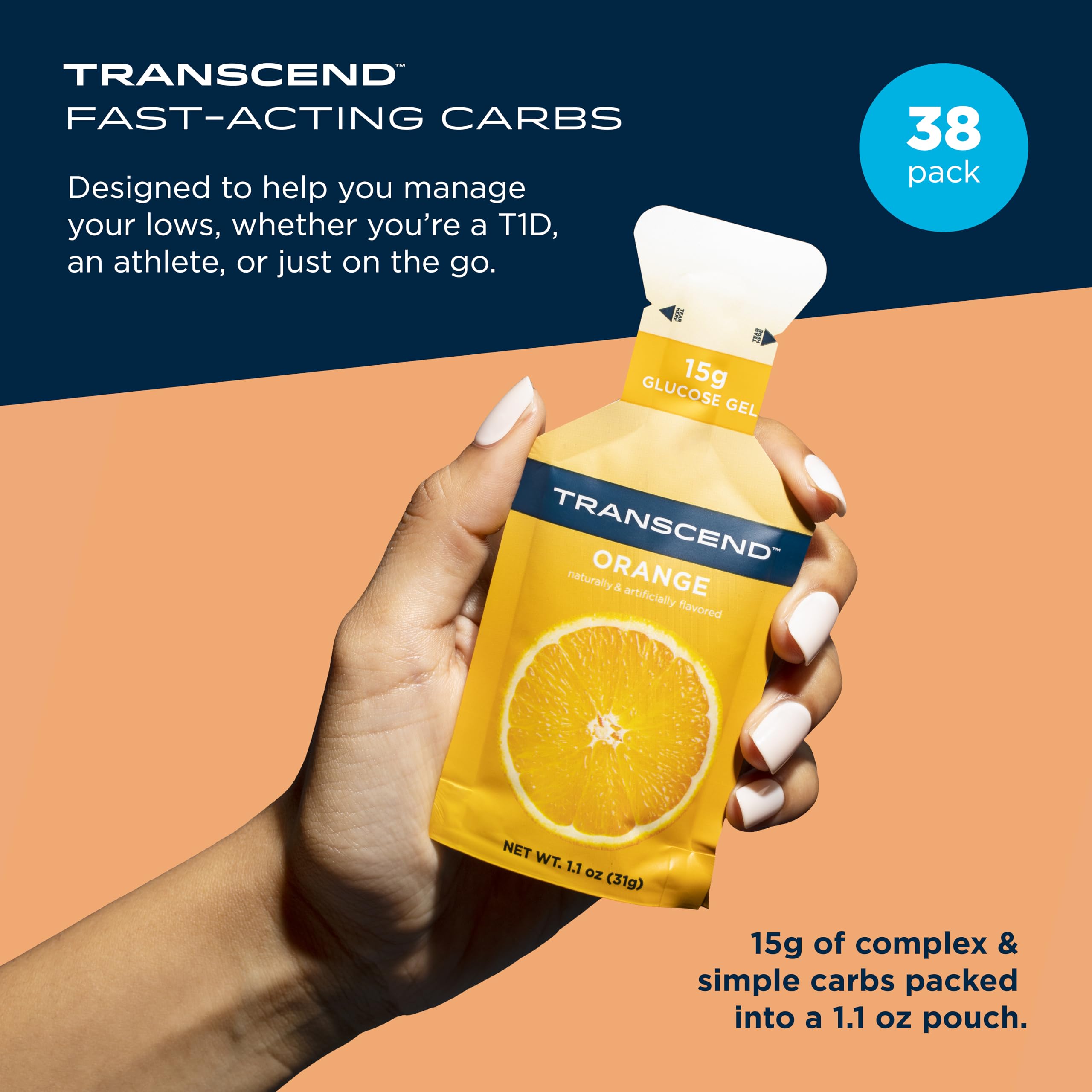 Transcend orange gel 38-pack in-use pouch for on-the-go fueling.