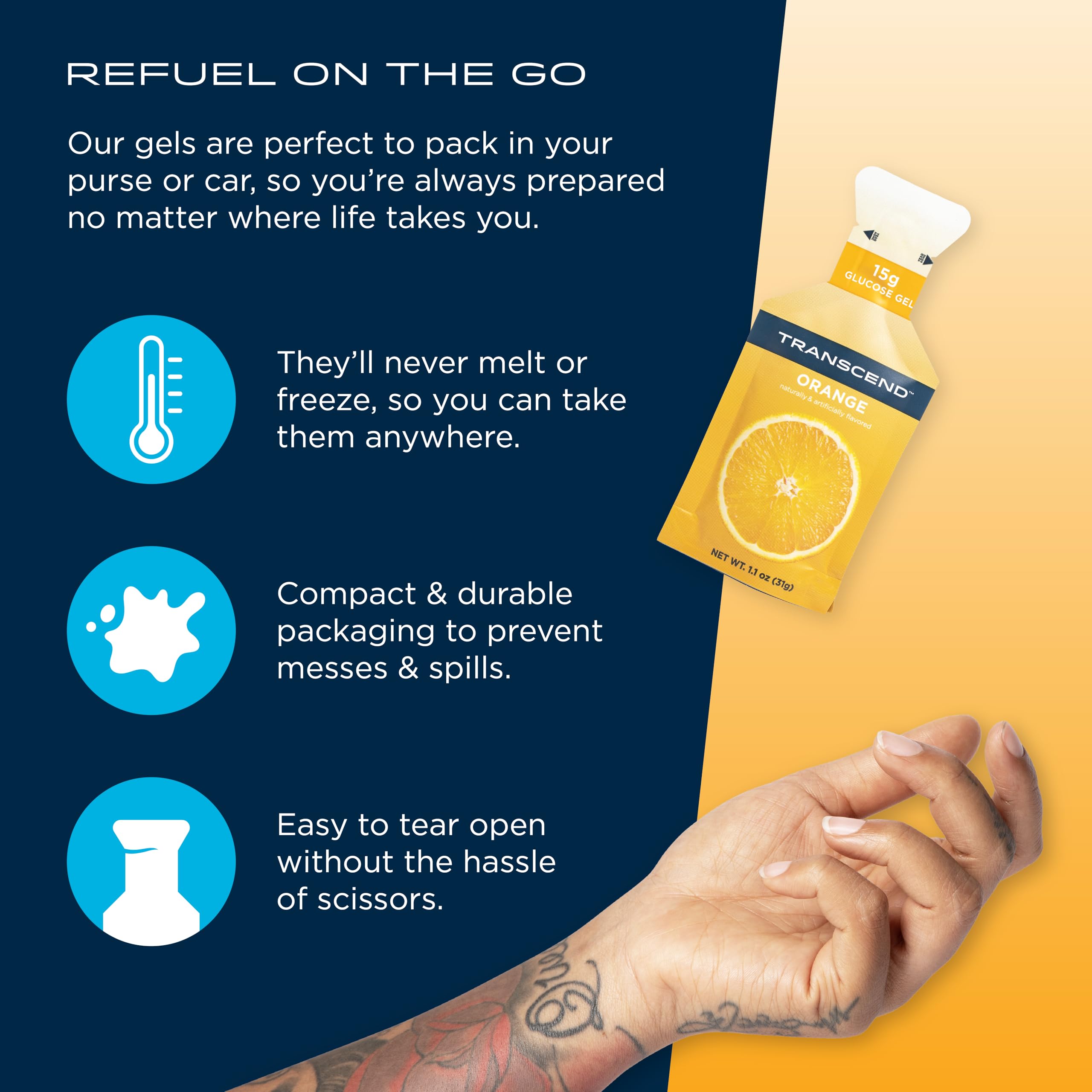 Transcend orange gel caffeine-free formula supports steady fueling without stimulants.