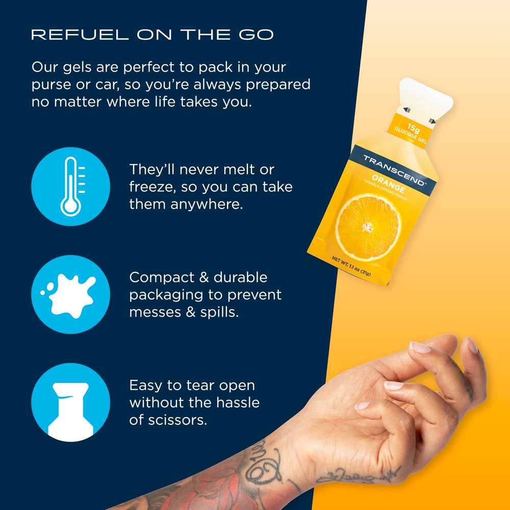 Transcend Orange Gels portable 1.1 oz size fits in a pocket for on-the-go fueling.