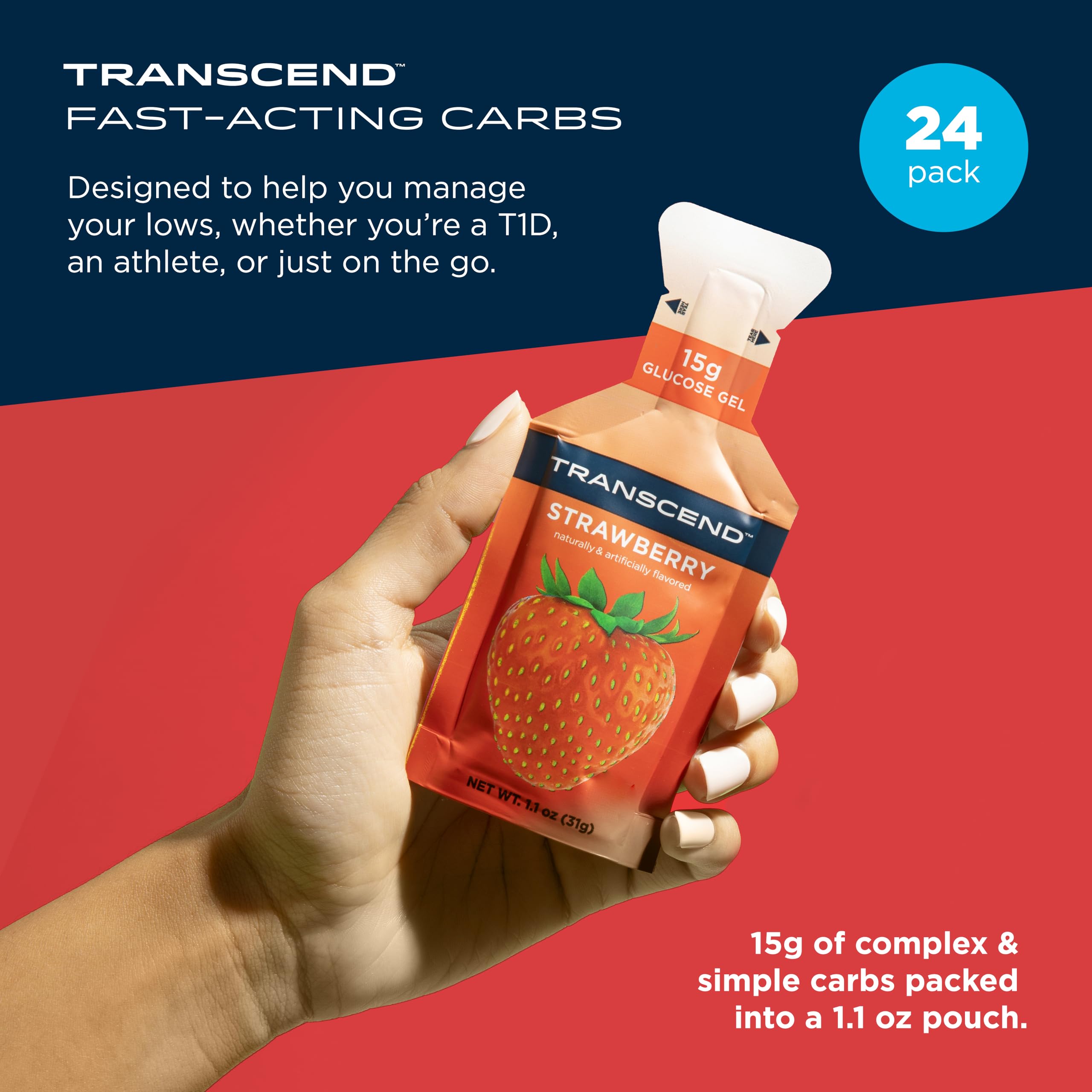 Transcend Strawberry Energy Gel 1.1oz tube close-up for quick carb boost.