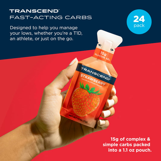 Transcend Strawberry Energy Gel 1.1oz tube close-up for quick carb boost.